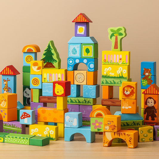 Set cuburi educative animale, cifre si copaci, 3 ani+, multicolor, 102 piese din lemn