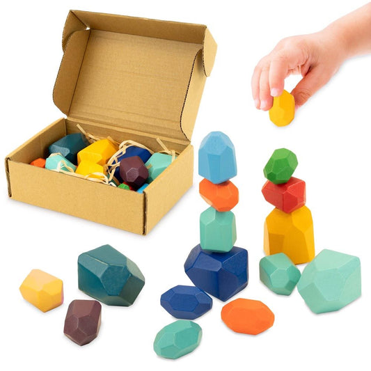 Jucărie educativă de stivuit Montessori, piatră de lemn, 16 piese