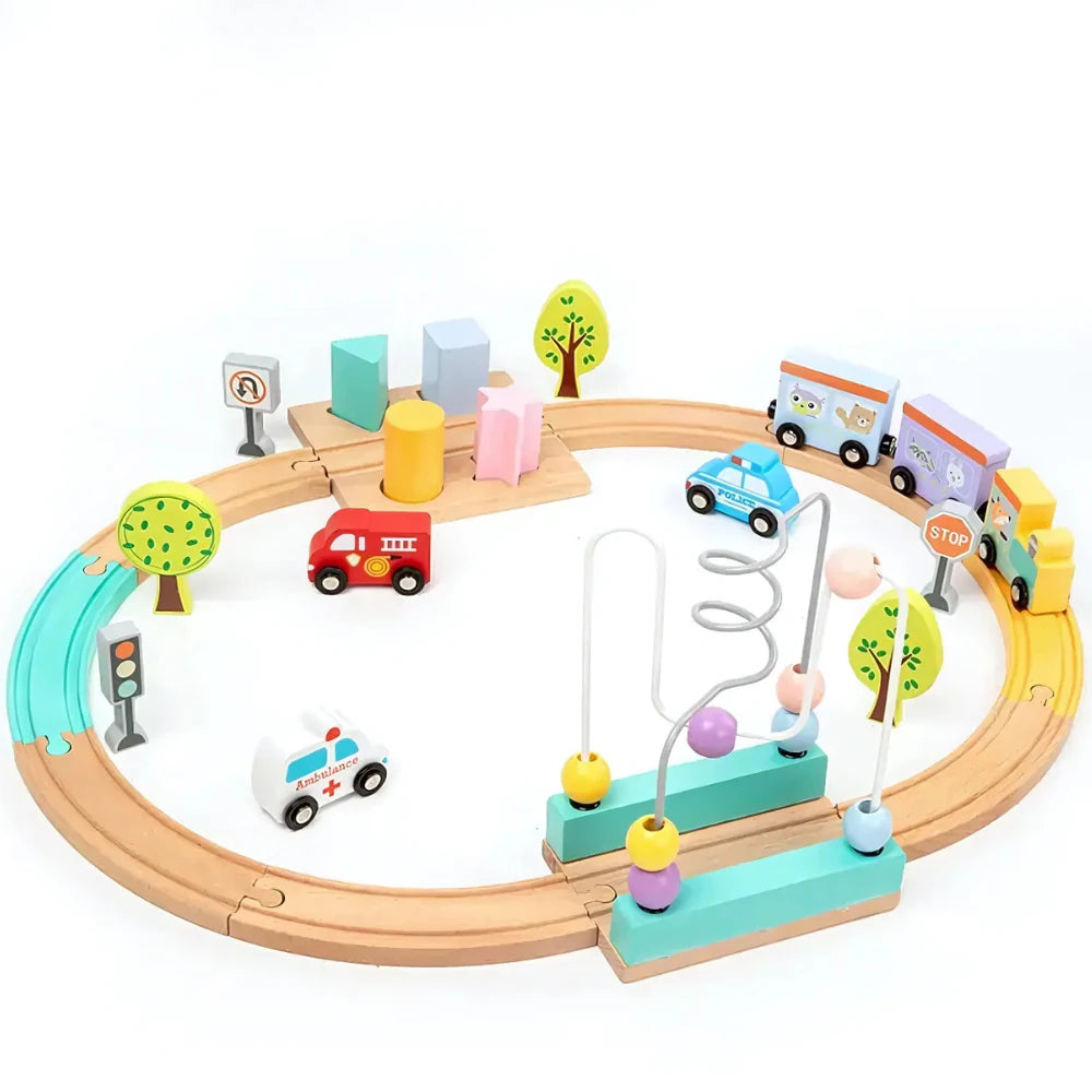 Circuit trenulet si masinute Promerco®, design educativ din lemn Premium