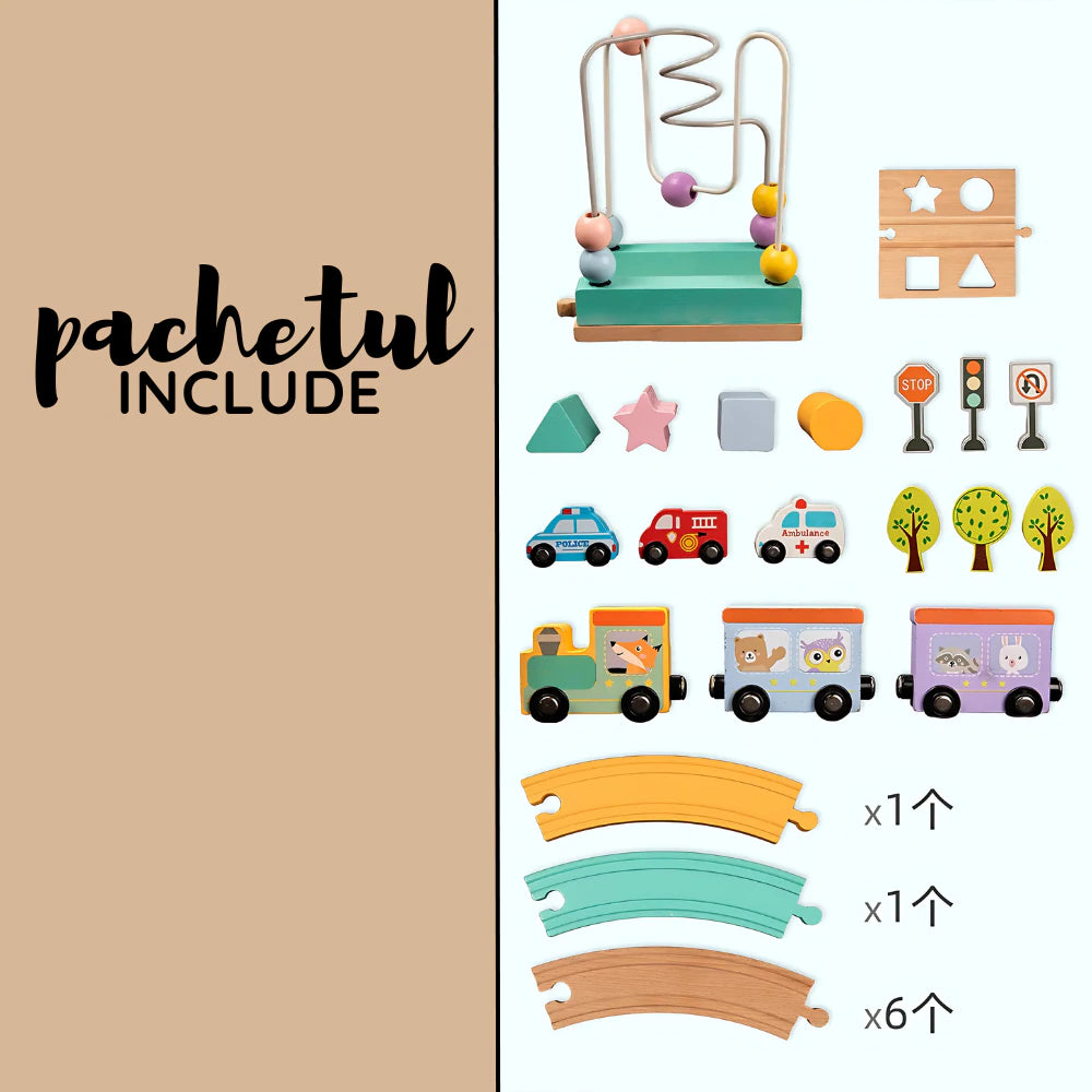 Circuit trenulet si masinute Promerco®, design educativ din lemn Premium