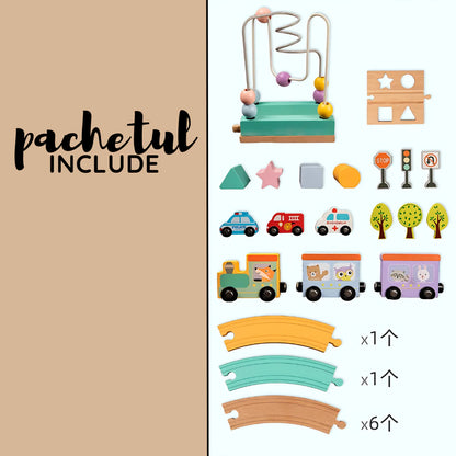 Circuit trenulet si masinute Promerco®, design educativ din lemn Premium