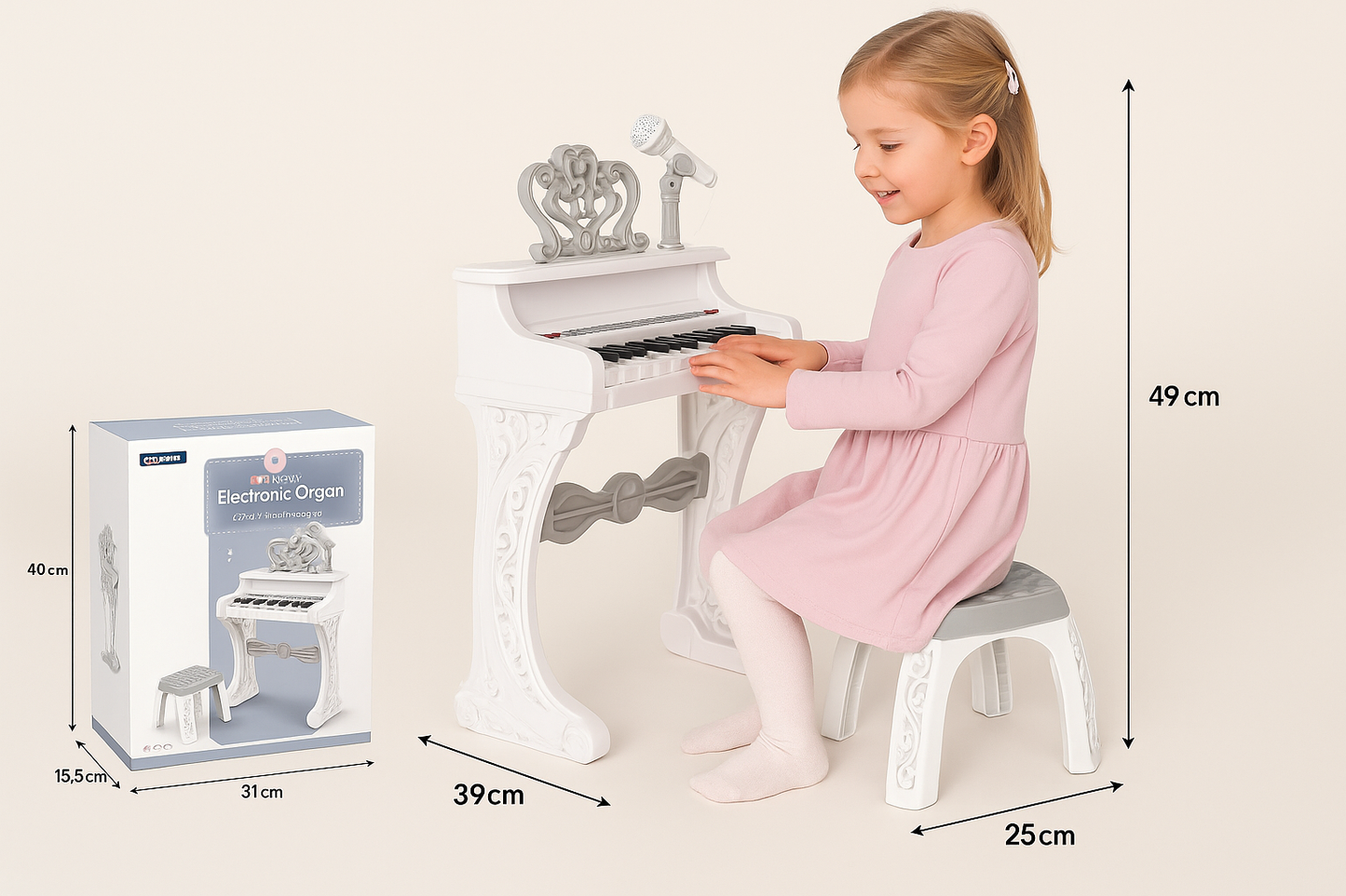 Pian Electronic Copii cu 25 de Clape + Microfon & Scăunel – Model Elegant Alb-Gri