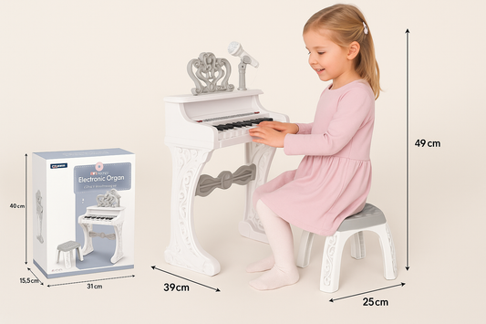 Pian Electronic Copii cu 25 de Clape + Microfon & Scăunel – Model Elegant Alb-Gri