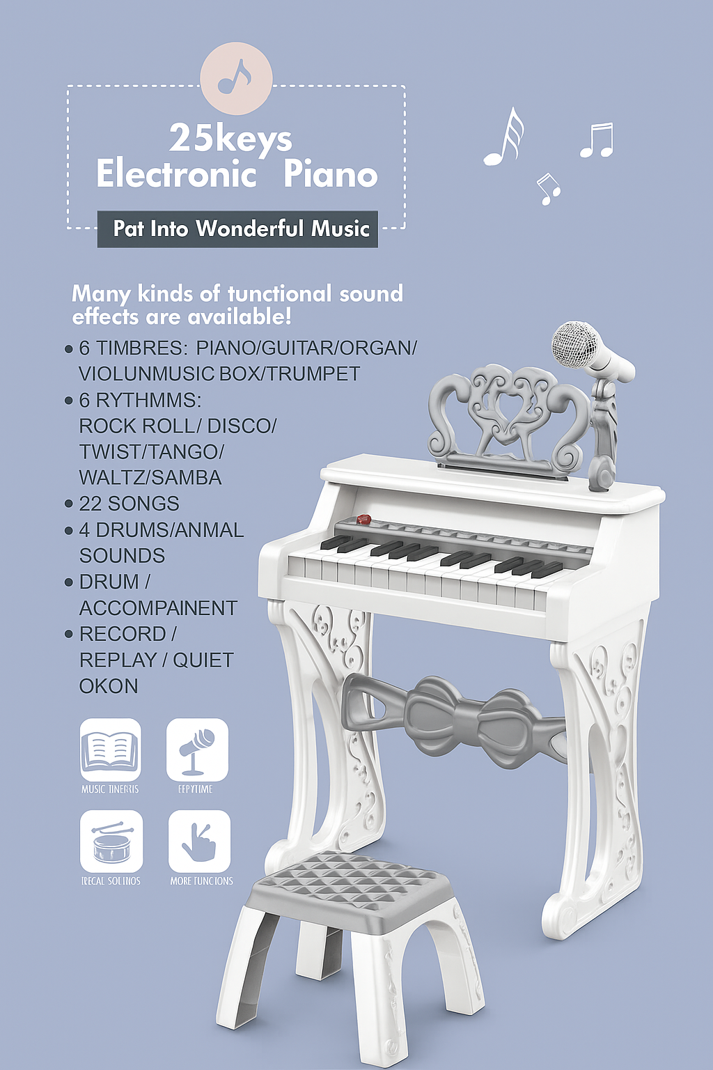 Pian Electronic Copii cu 25 de Clape + Microfon & Scăunel – Model Elegant Alb-Gri