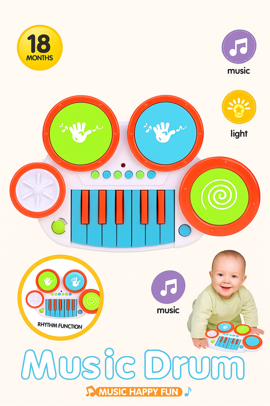 Jucărie Muzicală Interactivă „Music Drum” – Tobă cu Lumină și Pian Integrat (18+ luni)